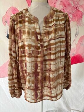 Nine West Cream and Brown Tie-Dye Plaid Long Sleeve Blouse size XL